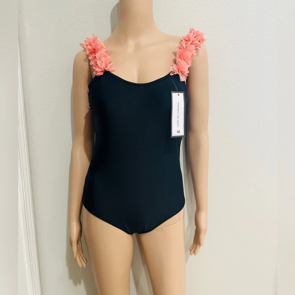 GOODNIGHT MACAROONS EVE PINK FLORAL STRAPS SCOOP BACK SWIMSUIT IN BLACK. NWT - Picture 2 of 4